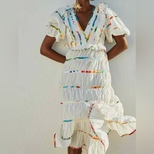 FARM RIO Colorful Striped White Midi Dress Rainbow XS Ruffle Tiered